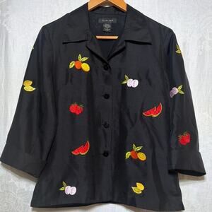 Silkland Jacket 4 Black 100% Silk Embroidered Fruit Watermelon Orange Strawberry